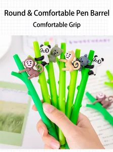 Close-up of cute bamboo-shaped gel pens featuring cartoon panda and monkey charms.