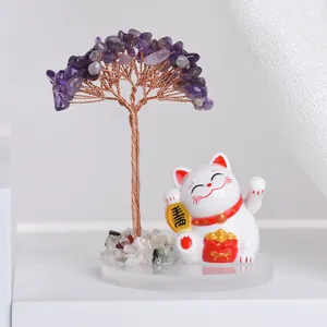 Arbre de vie en améthyste avec figurine de chat porte-bonheur pour décoration de bureau