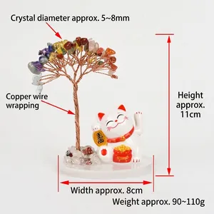 Arbre de vie en cristal fait main avec figurine de chat Maneki-Neko pour la décoration
