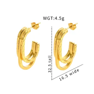 Detailed view of gold geometric stainless steel earrings with size labels.