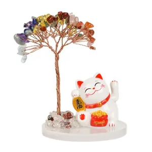 Arbre de vie en cristal avec figurine de chat porte-bonheur pour la maison