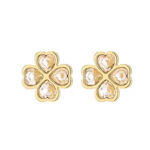 Elegant four-leaf clover stud earrings with heart-shaped crystals in gold finish