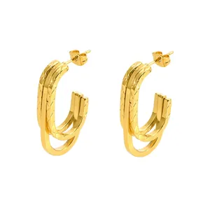 Vintage stainless steel gold U-shaped hoop earrings with quilted diamond texture design