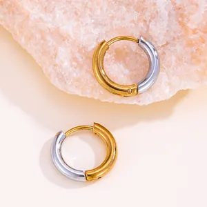 Vue détaillée des boucles d'oreilles créoles bicolores en acier titane sur roche.