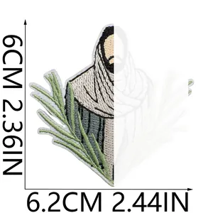 Detail der Stickerei und 6cm Größenangaben des religiösen Jesus Christus Aufnähers