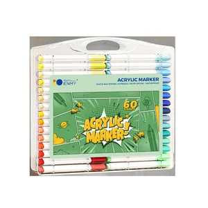 Set of 60 vibrant colors acrylic markers in a transparent portable carrying case for kids art
