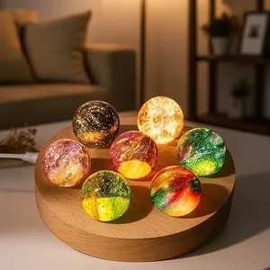 Set of seven colorful galaxy crystal ball night lights on a premium wooden base for home decor