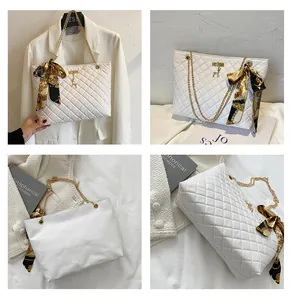 Detailed multi-angle views of a white quilted tote bag featuring chain straps and silk scarf.