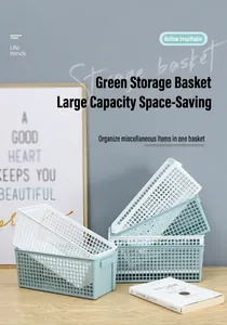 Stackable hollow plastic storage baskets for snacks and sundries home organization.