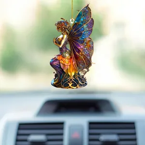 Colorful acrylic fairy car pendant ornament with butterfly wings for home decor.