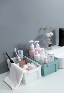 Hollow plastic rectangular storage basket organizer for bathroom toiletries and bottles