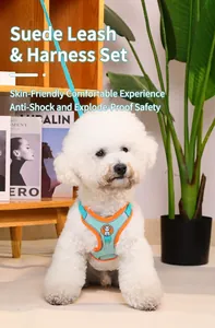 Reflective suede pet harness vest shown on a white puppy indoors