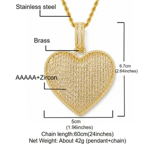Detailed specification of iced out heart pendant necklace with dimensions and materials.