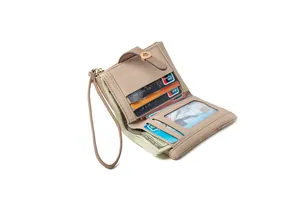Internal view of women's bi-fold short wallet with wristlet strap and card slots