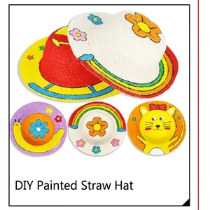 Handmade DIY hand-painted straw hat for kids with rainbow and animal pattern kits