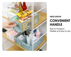 Light blue rectangular plastic mesh storage basket with handle for shelf organization