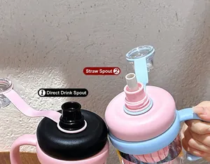 Detail of large capacity gradient water bottle showing straw and direct drinking ports.