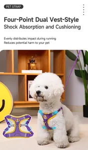 Detailed macro view of a purple reflective pet harness vest worn by a small white dog