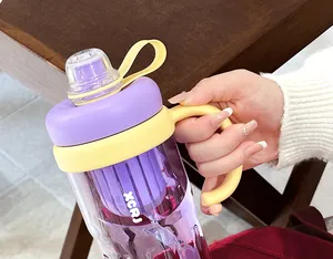 Close-up detail view of a purple gradient water bottle with handle and tea infuser