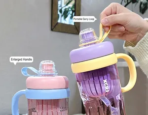Detail view of colorful water bottles with portable straps and handles.