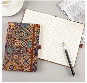 Detailed view of a vintage Bohemian cork notebook featuring lined pages and tile pattern