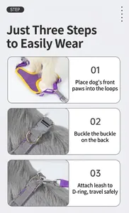 Step-by-step instruction guide for putting on this reflective purple dog harness vest