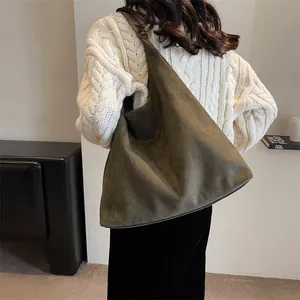 Large Capacity Retro Suede Texture Tote Bag For Women Minimalist Flannel Shoulder Bag Versatile Commuter Hobo Handbag Underarm Bag