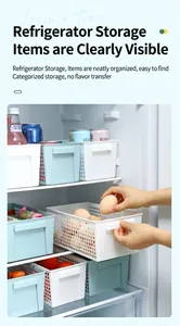 Detailed view of plastic hollow storage baskets used for refrigerator food organization