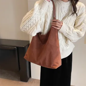 Large capacity brown suede tote bag with minimalist vintage shoulder design for women