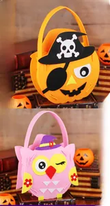Handmade felt Halloween candy bags featuring cute pumpkin pirate and owl designs
