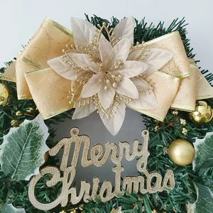 Luxurious 30cm Christmas wreath with large gold bow poinsettia and Merry Christmas sign