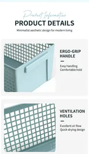 Detail view of breathable hollow rectangular plastic basket with ergonomic handle