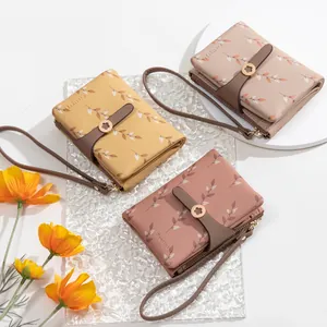 Elegant floral print bifold women's short wallet with wrist strap and decorative flower buckle