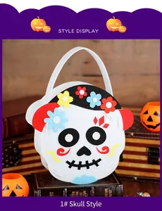 Close-up of Halloween DIY felt candy bag featuring a colorful skull design for kids