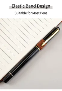 Close-up detail of the elastic pen holder strap on a retro cork notebook for office use