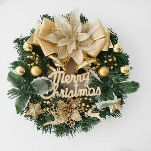 30cm Christmas wreath with golden bow and Merry Christmas sign for front door decoration