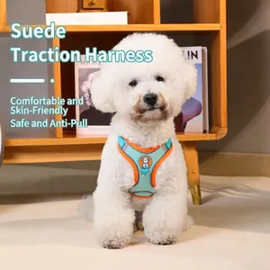 Reflective vest-style dog harness for small dogs in light blue and orange suede finish