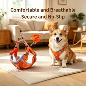 Reflective orange dog harness and leash set with comfortable breathable mesh for pets