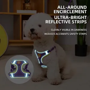 Reflective purple dog harness vest for small dogs with high-visibility safety strips