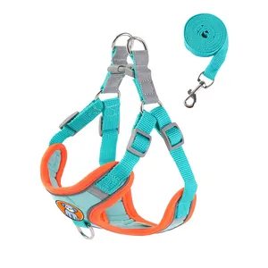 Reflective vest-style dog harness and leash set for small dogs in teal and orange