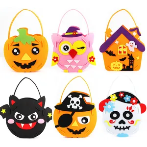 Set of 6 DIY felt Halloween candy bags for kids with pumpkin and owl designs