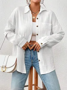 Stylish oversized white textured drop shoulder long sleeve button-down shirt for women