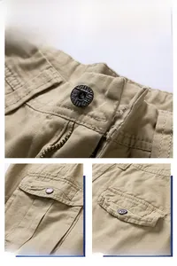 Nahaufnahme der verstärkten Nähte, des Metallknopfes und der Seitentasche an Khaki-Cargo-Shorts.