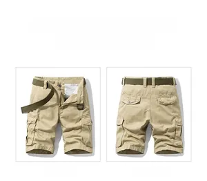 Detailansicht der Vorder- und Rückseite von khakifarbenen Vintage-Baumwoll-Cargo-Shorts