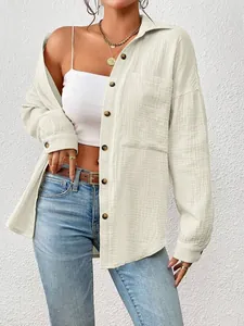 Casual off-white long sleeve shirt with drop shoulder and chest pocket for women