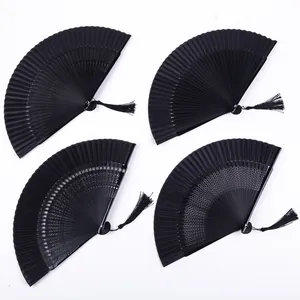 Elegant Black Lacquered Bamboo Folding Fan Chinese Style Hand Fan With Tassel For Dancing Performance Wedding Party Gift