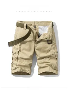 Khaki-Baumwoll-Cargo-Shorts für Herren mit Taschen und Gürtel, flach ausgelegt