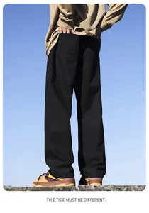 Back view of men's black straight leg casual cotton trousers with a relaxed fit