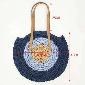 Handmade round woven straw beach tote bag featuring clear dimensions for 47cm width