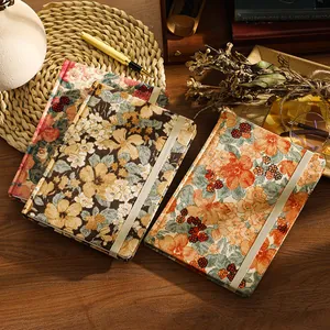 Vintage A5 corduroy floral print notebook journal with elastic closure strap for writing